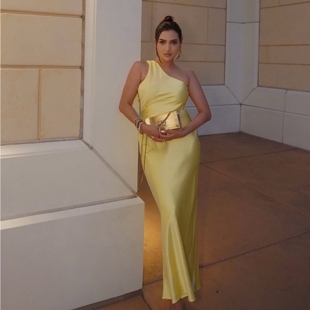 Zara maxi dress satin effect formal wedding asymmetrical lemon yellow wedding